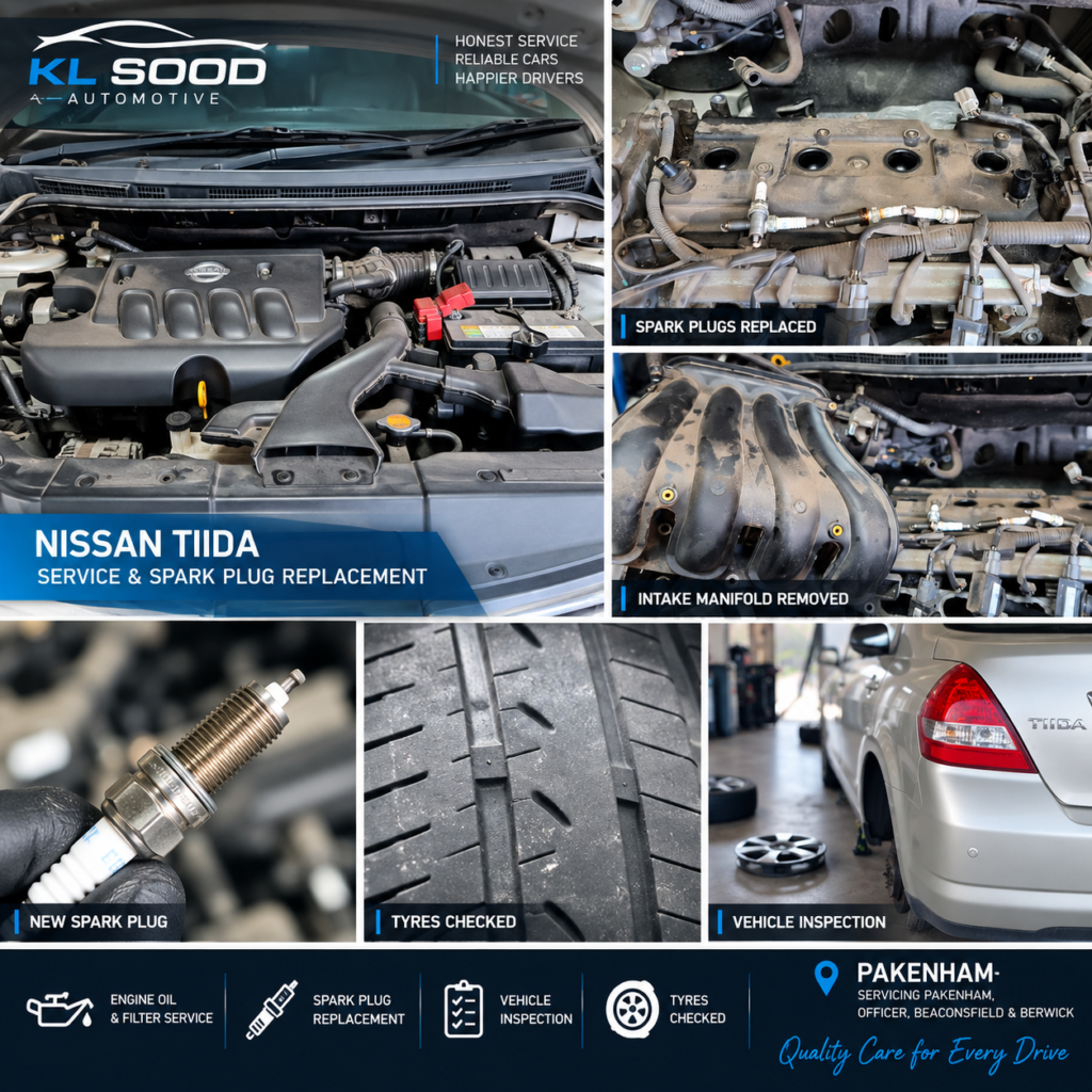 Nissan Tiida service and spark plug replacement at KL Sood Automotive in Pakenham